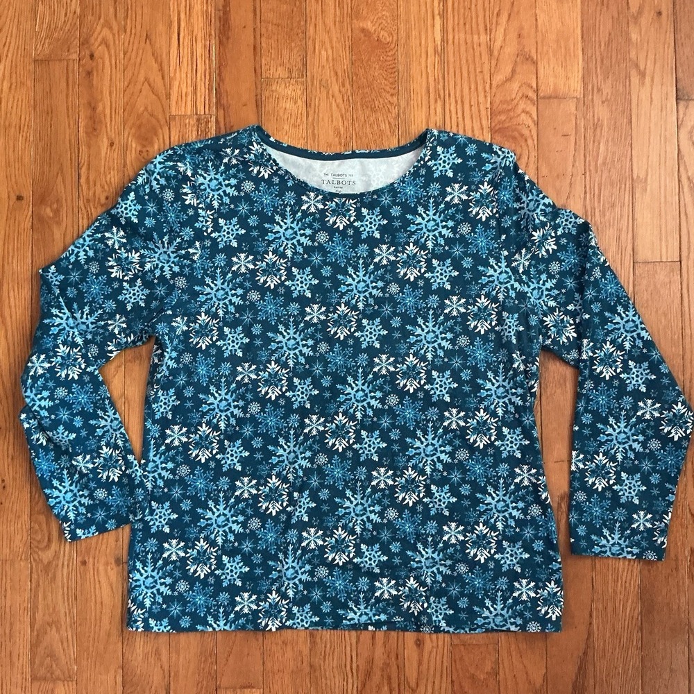 Talbots‎ Women's Blue Snowflake Long Sleeve Tee Shirt Size XL Petite Winter